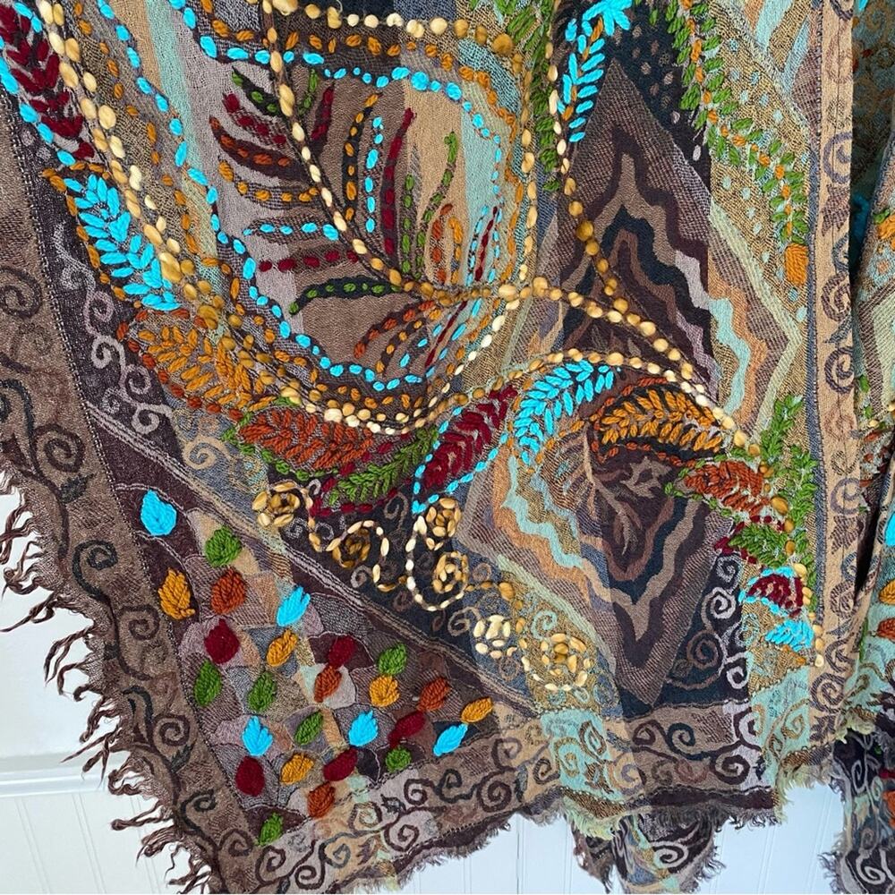 Anu Ariana Wool Brown Embroidered Poncho Cape Shawl One Size - Picture 7 of 9